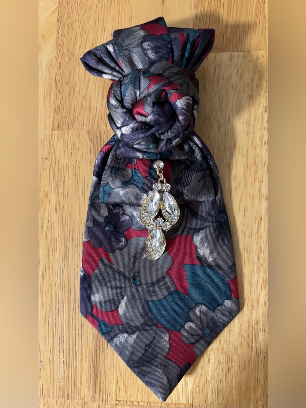 Floral Burgundy and Slate necktie necklace with Crystal Pendant